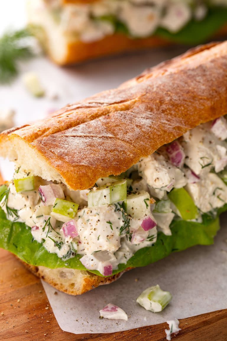 <p>Who doesn't love a good chicken salad sandwich? It is one of our absolute favorite things to do with a <a href="https://www.delish.com/cooking/g577/recipes-with-rotisserie-chicken/" rel="nofollow noopener" target="_blank" data-ylk="slk:rotisserie chicken;elm:context_link;itc:0;sec:content-canvas" class="link ">rotisserie chicken</a> or leftovers from a <a href="https://www.delish.com/cooking/recipe-ideas/a22813471/classic-roast-chicken-recipe/" rel="nofollow noopener" target="_blank" data-ylk="slk:roast chicken;elm:context_link;itc:0;sec:content-canvas" class="link ">roast chicken</a> dinner. We add the crispy celery, tart apple and herbaceous dill for a bright and slightly tangy bite, but beyond <a href="https://www.delish.com/cooking/recipe-ideas/a25363303/whole30-paleo-mayo-recipe/" rel="nofollow noopener" target="_blank" data-ylk="slk:mayo;elm:context_link;itc:0;sec:content-canvas" class="link ">mayo</a> and chicken, the mix-ins are up to you. </p><p>Get the <strong><a href="https://www.delish.com/cooking/recipe-ideas/recipes/a54787/best-chicken-salad-sandwich-recipe/" rel="nofollow noopener" target="_blank" data-ylk="slk:Chicken Salad Sandwich recipe;elm:context_link;itc:0;sec:content-canvas" class="link ">Chicken Salad Sandwich recipe</a>.</strong></p>