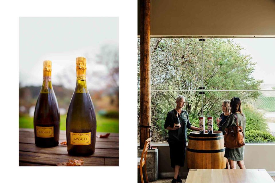 <p>From left: Rob Burnett/Courtesy of Tourism Tasmania; Adam Gibson/Courtesy of Tourism Tasmania</p> From left: Apogee’s Deluxe Vintage Rosé (left) and Brut (right) bottlings; tasting the sparkling rosé at Jansz Tasmania.