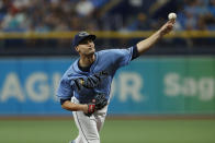 Tampa Bay Rays pitcher Shane McClanahan works from the mound against the Detroit Tigers during the first inning of a baseball game Sunday, Sept., 19, 2021, in St. Petersburg, Fla. (AP Photo/Scott Audette)