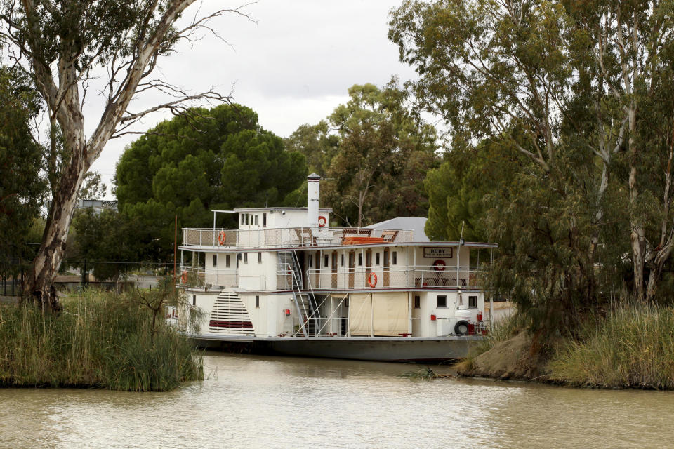 In this May 26, 2013 photo, an old fashioned paddle boat, the Rudy, sits on the Murray River in Wentworth, 1,043km (648 miles) from Sydney, Australia. Tourists step back in time exploring the Murray and Darling rivers, Australia's largest river system. (AP Photo/Rob Griffith)