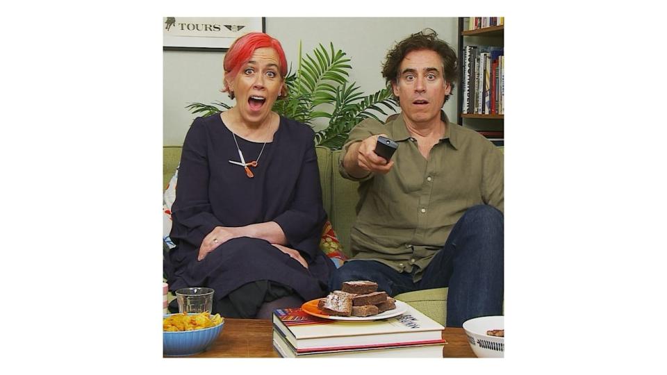 Anita and Stephen mangan in living room