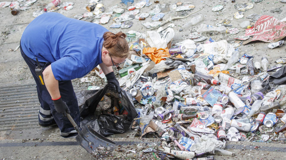 Leeds fans, pictured here leaving rubbish strewn throughout the streets.