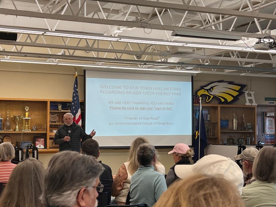 Citizens gather at Harrisburg High School March 18 to hear from coordinators with Friends of Gap Road about the Muddy Creek Energy Park proposed near Brownsville. Troy Jones leads the presentation and Q&A event.