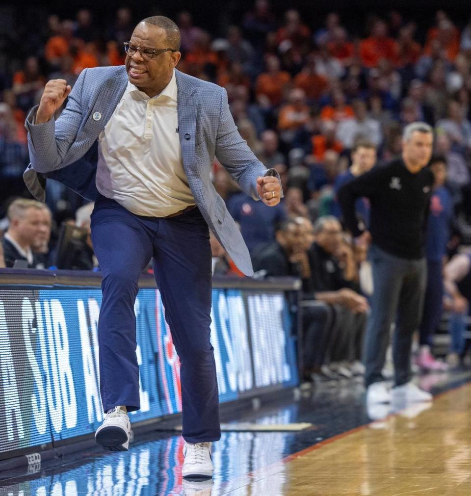 North Carolina coach Hubert Davis reacts after not getting a foul call during the second half against Virginia on Saturday, February 24, 2024 at John Paul Jones Arena in Charlottesville, Va.
