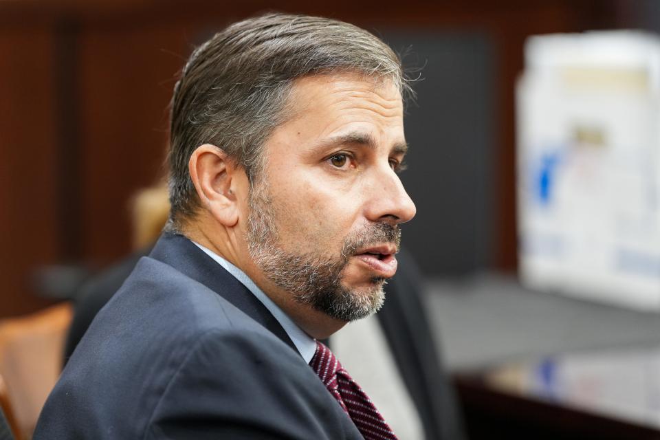 Daniel Rashbaum, defense attorney for Donna Adelson, who is accused of being a part of the murder of FSU law professor Dan Markel, listens to Assistant State Attorney Georgia Cappleman in court onTuesday, Sept. 17, 2024. A last minute motion was filed, delaying court proceedings.