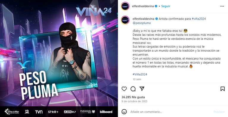 Peso Pluma fue confirmado para participar del festival Viña del Mar 2024 (Foto: Instagram @elfestivaldevina)