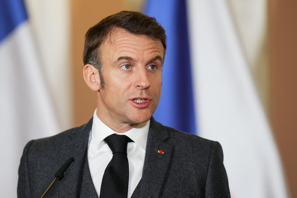 French President Emmanuel Macron speaks during a joint statement with Czech Republic's Prime Minister Petr Fiala in Prague, Czech Republic, Tuesday, March 5, 2024. Macron is on a one-day official visit to Czech Republic. (AP Photo/Petr David Josek)