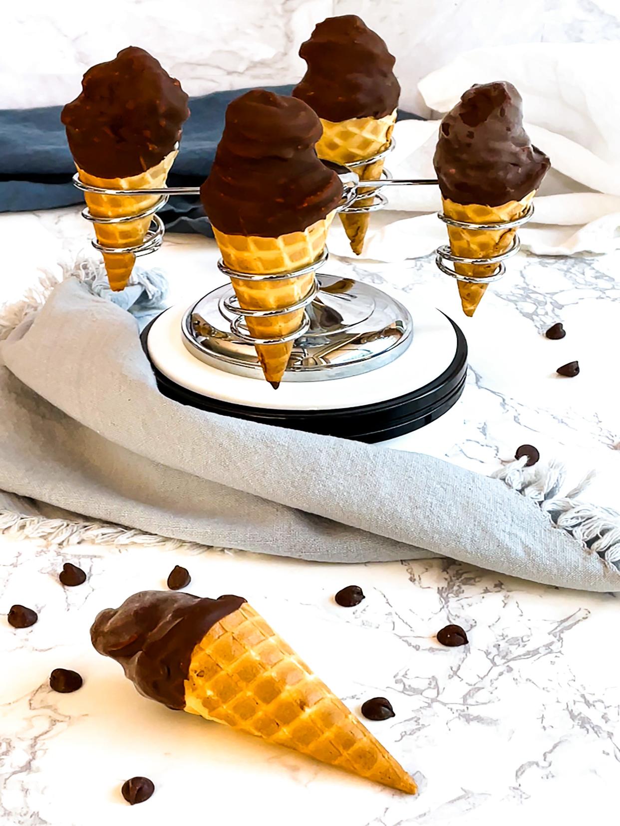 The crispy magic shell coating the ice cream provides the winning touch in Chocolate Dipped No-Churn Ice Cream Cones.