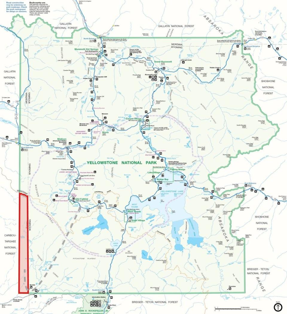 The zone of death (highlighted in red) is defined by the intersection of Yellowstone National Park (highlighted in green) with the state of Idaho, in the southwest corner of the park. The grey dotted line represents the approximate path followed for this article, starting south of Old Faithful, traveling toward the southwest. The trip covered 52 miles.