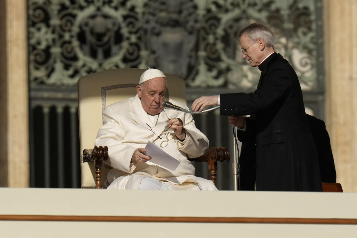 Pope Francis holds his weekly general audience in St. Peter's Square, at the Vatican, Wednesday, March 29, 2023. (AP Photo/Alessandra Tarantino)