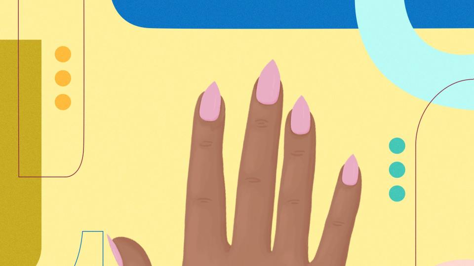 Illustration of a hand with stiletto pink nails against a yellow background