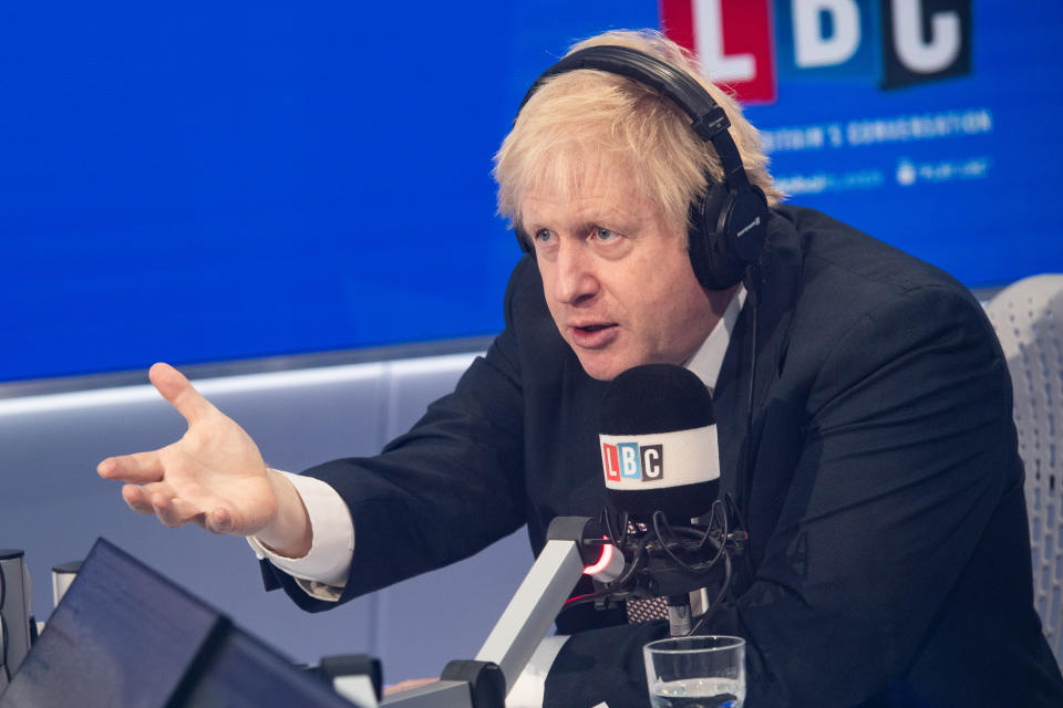 Prime Minister Boris Johnson takes part in a  live phone in on LBC, hosted by breakfast presenter Nick Ferrari, at their studios in central London .Picture date: Friday November 29, 2019. Photo credit should read: Matt Crossick/Empics