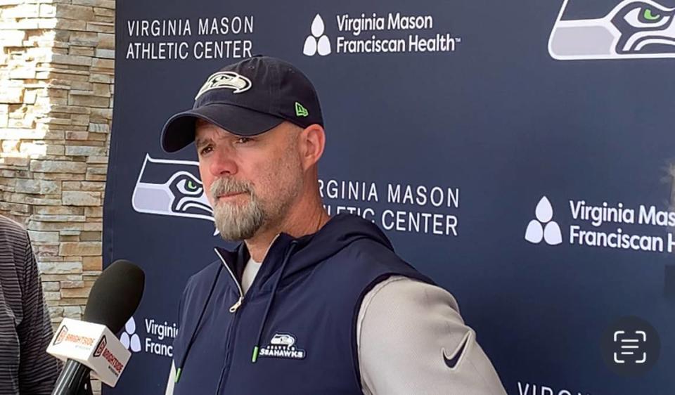 New offensive coordinator Ryan Grubb speaks following the 12th practice of Seahawks NFL training camp at the Virginia Mason Athletic Center in Renton Aug. 6, 2024.