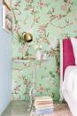 <p>Set a backdrop for your bed with colorful wallpaper, complete with bursting florals and a chorus of birds. </p>