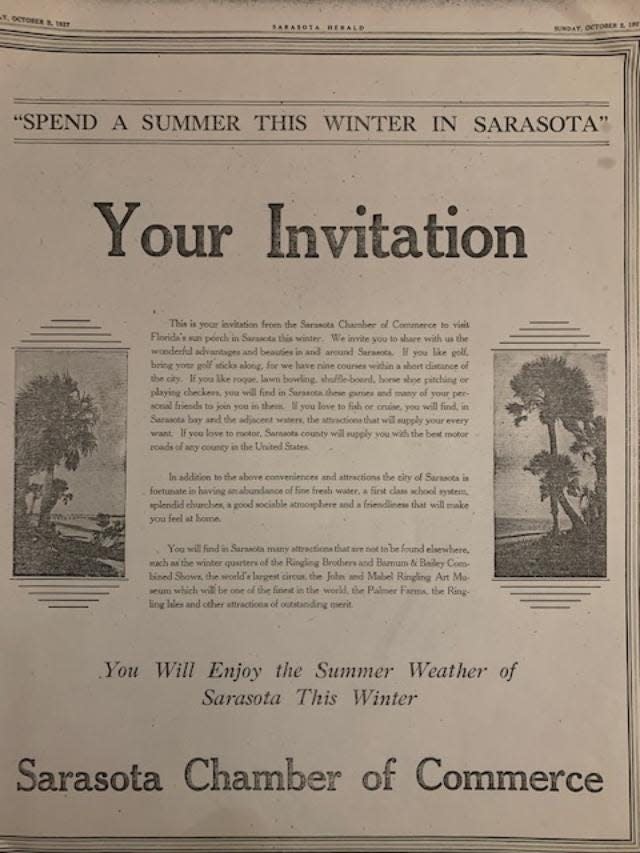 Ad in the Sarasota Herald from the local Chamber of Commerce, circa 1926.