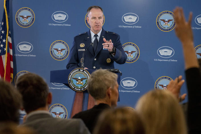 Pentagon spokesman U.S. Air Force Brig. Gen. Patrick Ryder, in uniform, takes questions about the leak investigation during a press briefing in Washington, D.C.