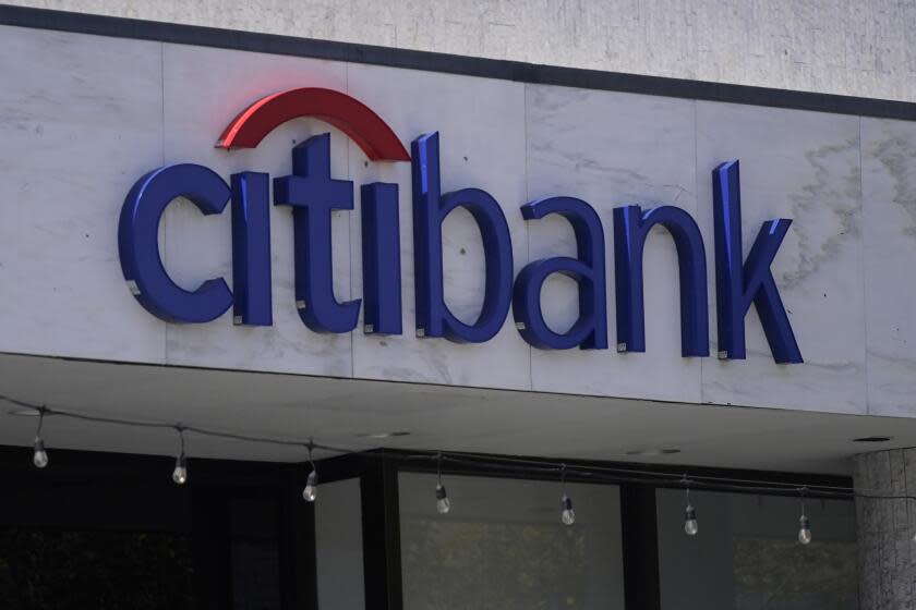 The sign to a Citibank location is shown in San Francisco, Tuesday, April 25, 2023. (AP Photo/Jeff Chiu)