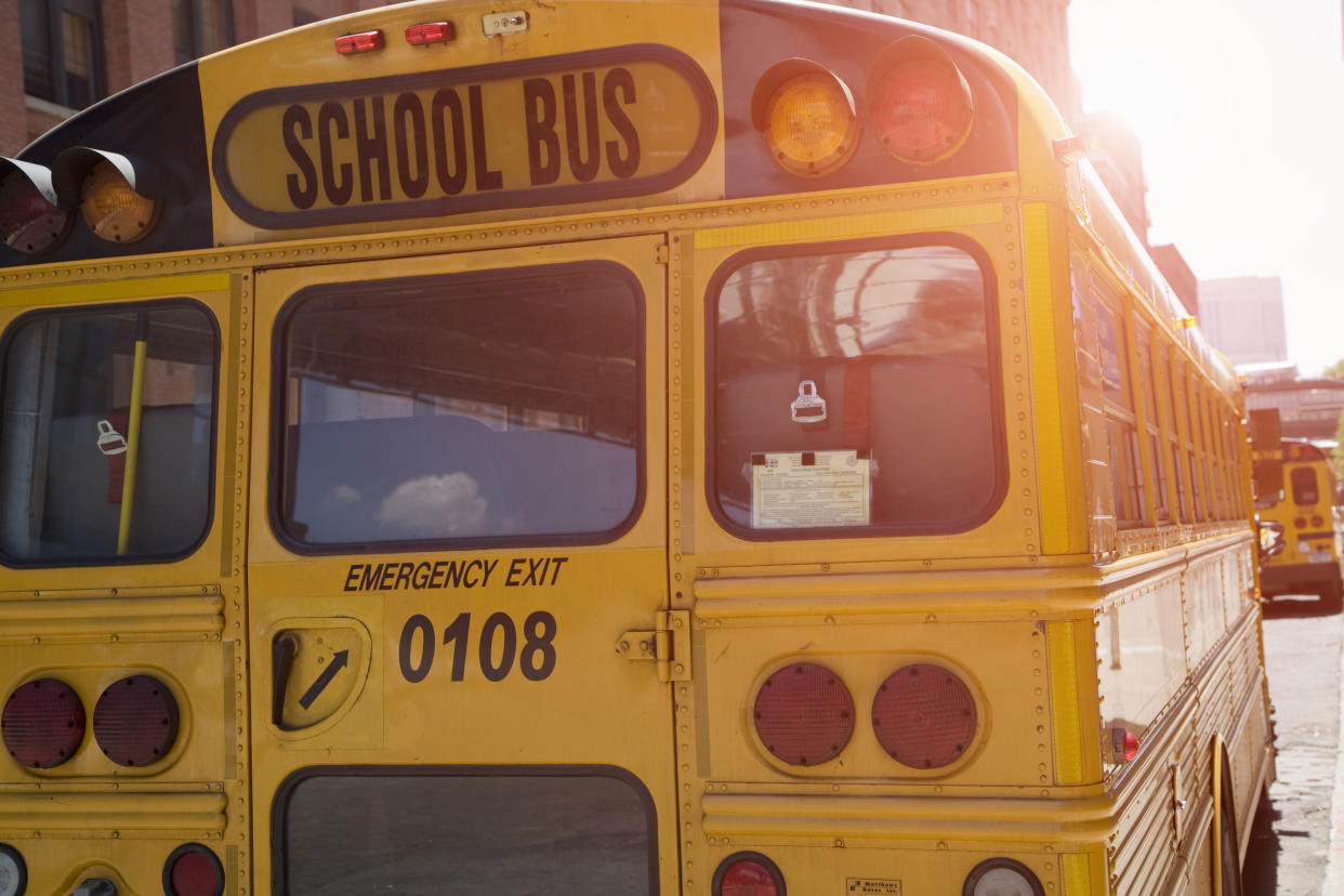 Rear view of yellow school buses, New York, USA