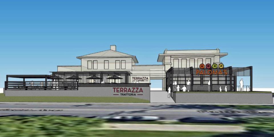 Here's a rendering of a street-level view of the Italian and Mexican restaurants to be developed in a former funeral home in Westwood.