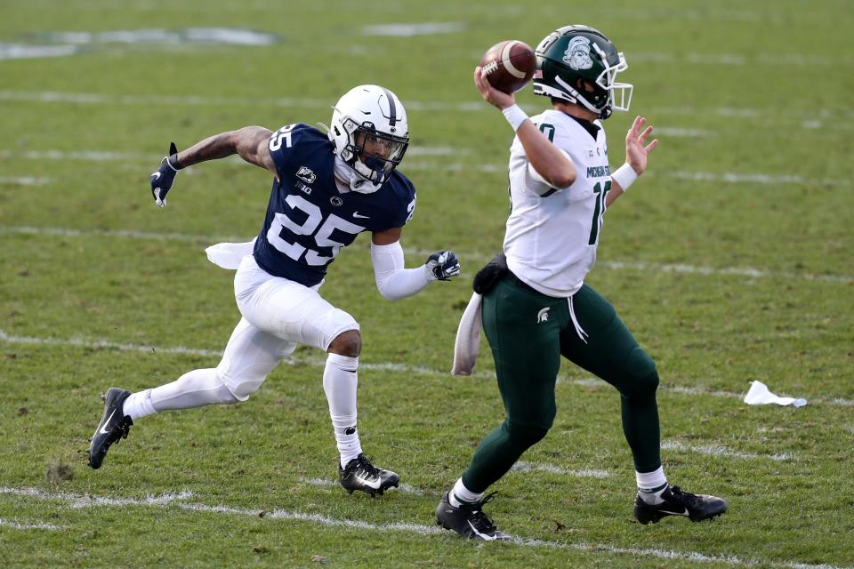 Penn State cornerback Daequan Hardy pressures Michigan State Spartans quarterback Payton Thorne during the third quarter at Beaver Stadium, Dec. 12, 2020 in University Park, Pa.