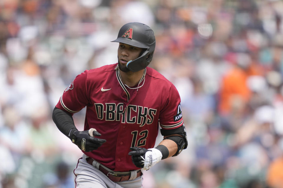 Arizona Diamondbacks designated hitter Lourdes Gurriel Jr. looks towards the dugout after hitting a three-run home run during the fifth inning of a baseball game against the Detroit Tigers, Saturday, June 10, 2023, in Detroit. (AP Photo/Carlos Osorio)