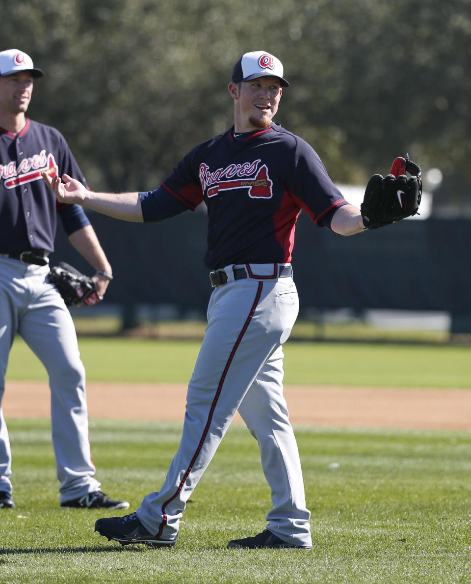 Atlanta Braves pitcher Craig Kimbrel reacts during a spring training baseball workout, Sunday, Feb. 16, 2014, in Kissimmee, Fla. The Braves agreed to terms with Kimbrel on a four-year contract. (AP Photo/Alex Brandon)
