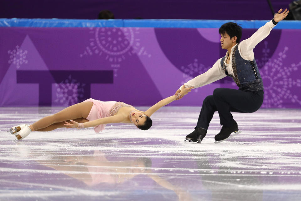 <p>Miu Suzaki and Ryuichi Kihara of Japan compete in the Figure Skating Team Event  Pairs Free Skating on day two of the PyeongChang 2018 Winter Olympic Games at Gangneung Ice Arena on February 11, 2018 in Gangneung, South Korea. (Photo by Maddie Meyer/Getty Images) </p>