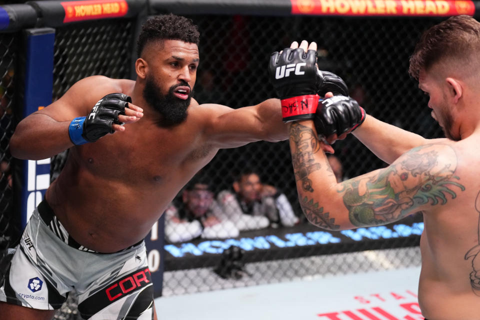 LAS VEGAS, NEVADA – NOVEMBER 19: (L-R) Waldo Cortes-Acosta of the Dominican Republic punches Chase Sherman in a heavyweight fight during the UFC Fight Night event at UFC APEX on November 19, 2022 in Las Vegas, Nevada. (Photo by Chris Unger/Zuffa LLC)