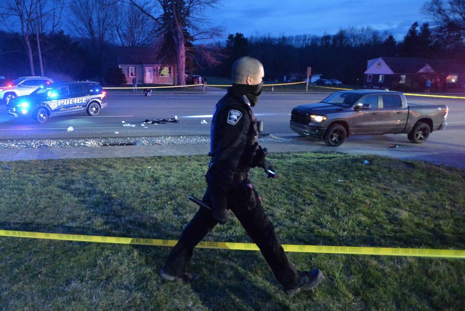 Millcreek Township police and paramedics respond on March 23, 2021, to a report of a shooting victim lying in a traffic lane of Zimmerly Road, just east of Zuck Road, in Millcreek. The victim was Casey Nadolny, 25, of Titusville.