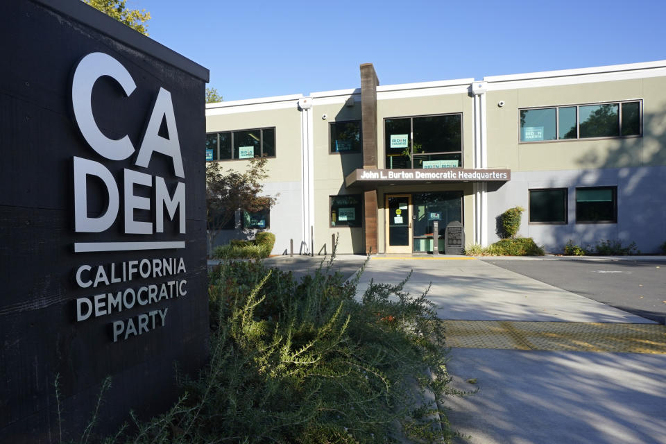 FILE - The John L. Burton California Democratic Party Headquarters is seen in Sacramento, Calif., Friday, July 16, 2021. A California man who pleaded guilty to plotting to firebomb the state Democratic Party's headquarters and other buildings in Northern California after the defeat of former President Donald Trump is scheduled to be sentenced Wednesday, Sept. 28, 2022, by a federal judge. (AP Photo/Rich Pedroncelli, File)