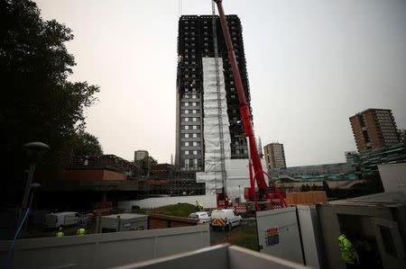Workers erect scaffolding around the Grenfell tower in London, Britain, October 16, 2017. REUTERS/Hannah Mckay