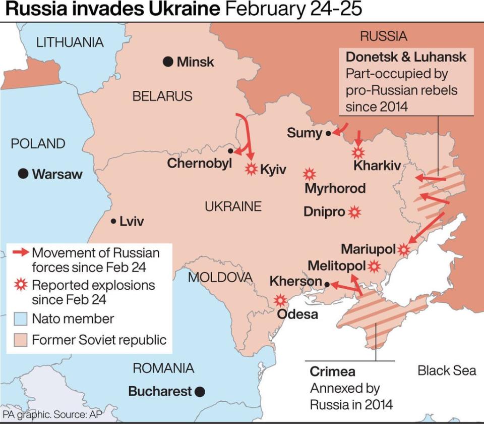 This map shows the progression of Russia’s invasion of Ukraine as of midday Friday (Press Association Images)