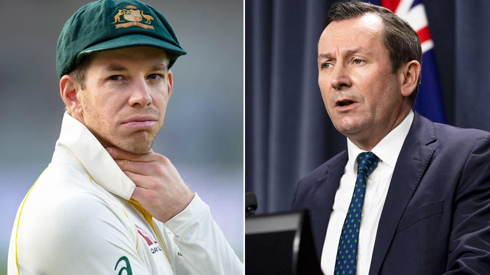 Pictured right, WA premier Mark McGowan and Aussie Test cricket captain Tim Paine on the left.