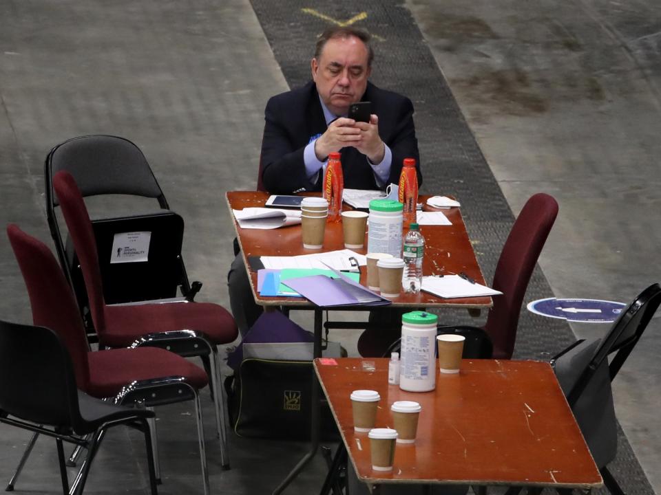 <p>Alex Salmond at the count for the Scottish parliament elections</p> (PA)