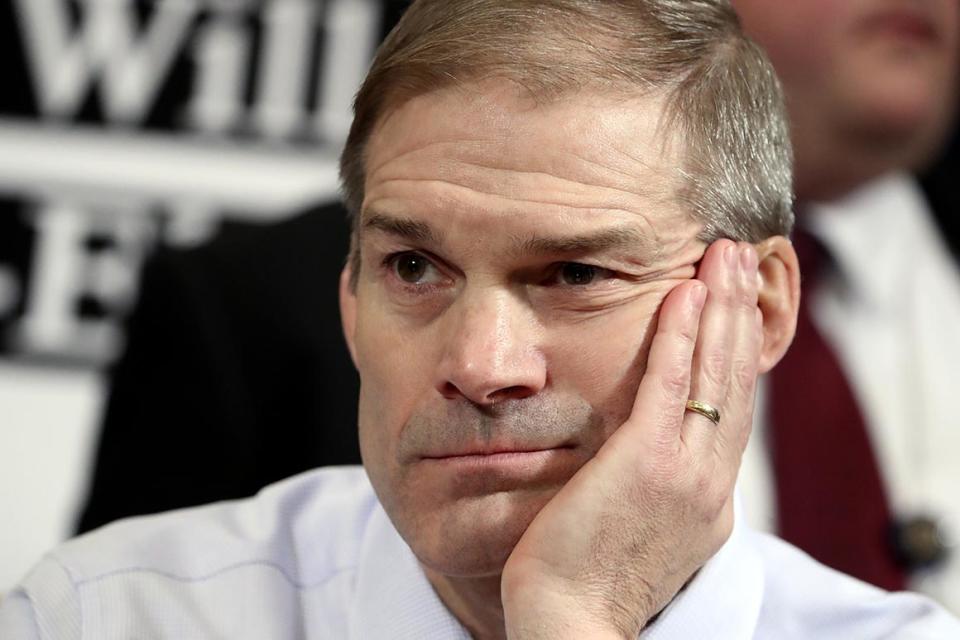 Rep. Jim Jordan, R-Ohio, listens as the hearing with top U.S. diplomat in Ukraine William Taylor, and career Foreign Service officer George Kent at the House Intelligence Committee ends on Capitol Hill in Washington, Wednesday, Nov. 13, 2019. (AP Photo/Andrew Harnik)