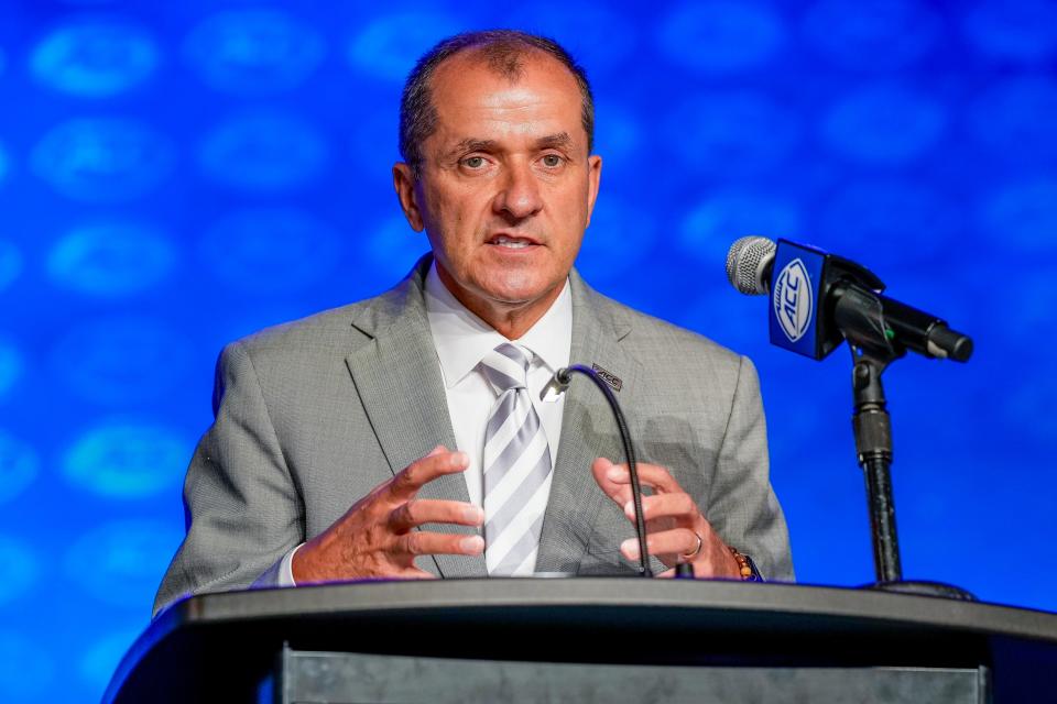 Jul 25, 2023; Charlotte, NC, USA;  ACC commissioner James Phillips speaks to the media during ACC Media Days at The Westin Charlotte.
