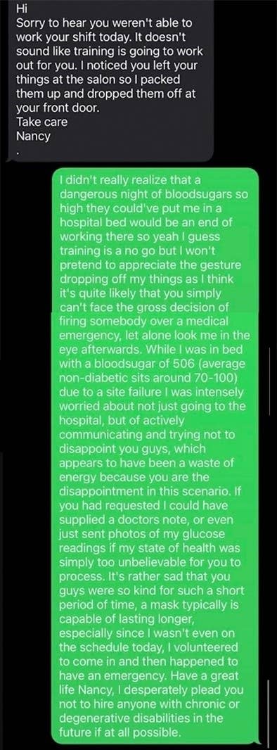 Text conversation. Nancy says she packed the recipient's belongings and left them at their door. The recipient explains their health issues related to blood sugar and apologizes