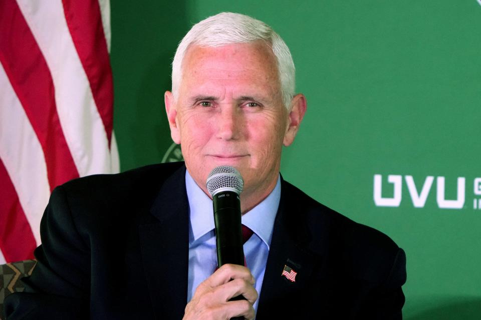 Former U.S. Vice President Mike Pence answers questions at a luncheon sponsored by the UVU Gary R. Herbert Institute of Public Policy on April 28, 2023 at the Zion Bank headquarters in Salt Lake City, Utah.