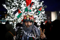 <p>A protester reacts during the demonstration outside the U.S. Embassy against President Donald Trump’s decision to recognise Jerusalem as Israel’s capital in Berlin, Germany, Dec. 8, 2017. (Photo: Axel Schmidt/Reuters) </p>