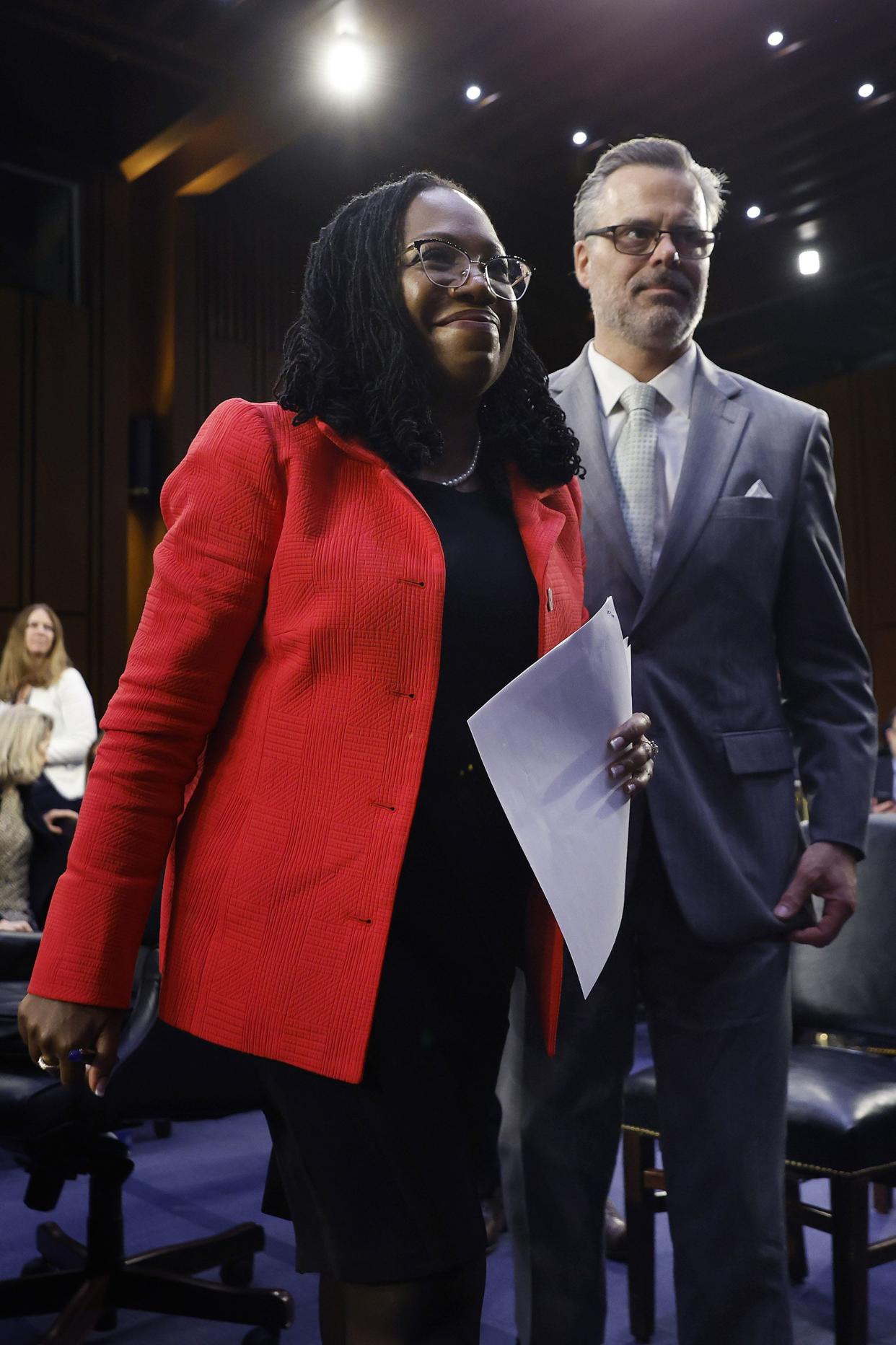 U.S. Supreme Court nominee Judge Ketanji Brown Jackson and her husband Dr. Patrick Jackson leave 13 hours after the start of the second day of her confirmation hearing before the Senate Judiciary Committee in the Hart Senate Office Building on Capitol Hill on March 22, 2022, in Washington, DC.