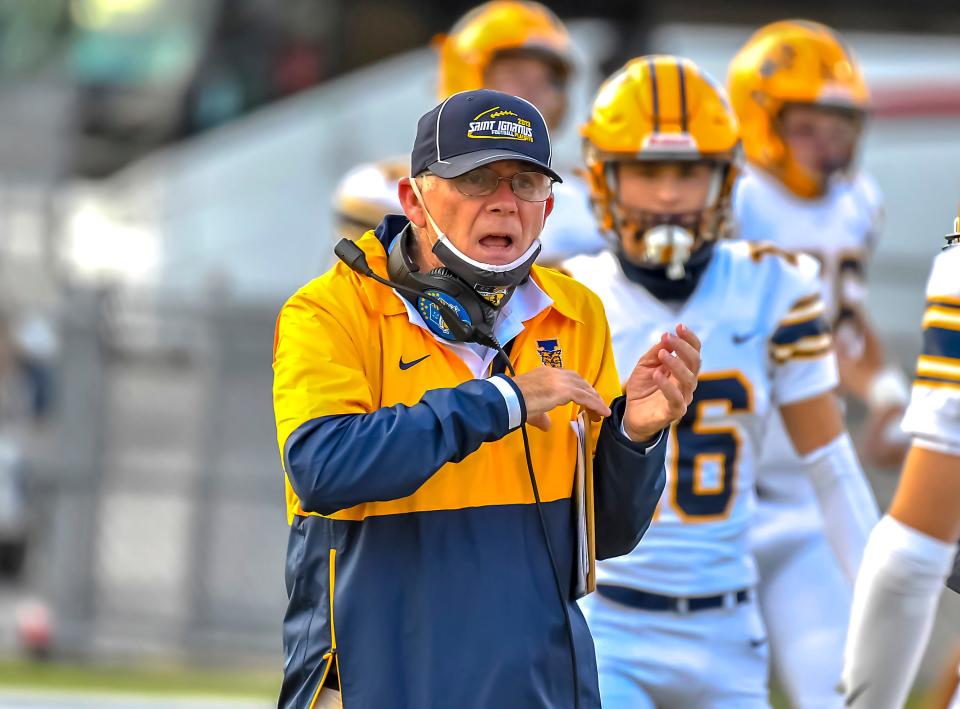 St. Ignatius coach Chuck Kyle reacts during the game against St. X at St. Xavier High School, Saturday, Oct. 3, 2020