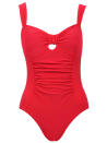 <b>Apple shape</b><br><br>Choose a style that supports your chest and visually separates it from your stomach. The clever ruching on this retro style one-piece will slim an apple’s rounded tummy and accentuate the bust.<br><br><span><a href="http://www.mandco.com/swimwear/slimming-one-piece-swimsuit/invt/2902362red/" rel="nofollow noopener" target="_blank" data-ylk="slk:M&CO;elm:context_link;itc:0;sec:content-canvas" class="link ">M&CO</a> </span>red slimming one piece swimsuit, £28<br><br>