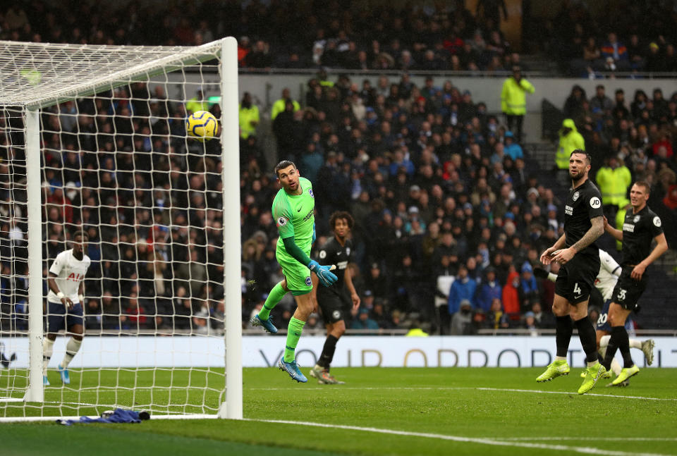 Brighton and Hove Albion goalkeeper Mathew Ryan watches as Tottenham Hotspur's Dele Alli (right, hidden) scores his side's second goal of the game during the Premier League match at the Tottenham Hotspur Stadium, London. (Photo by Bradley Collyer/PA Images via Getty Images)