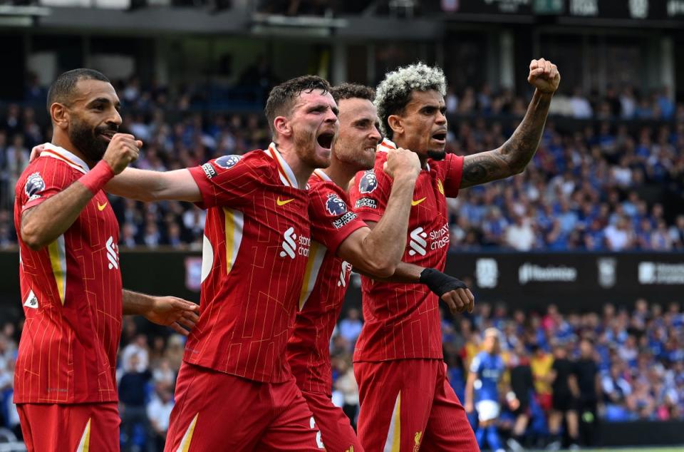 Diogo Jota of Liverpool celebrates after scoring the opening goal during the Premier League match between Ipswich Town (Liverpool FC via Getty Images)