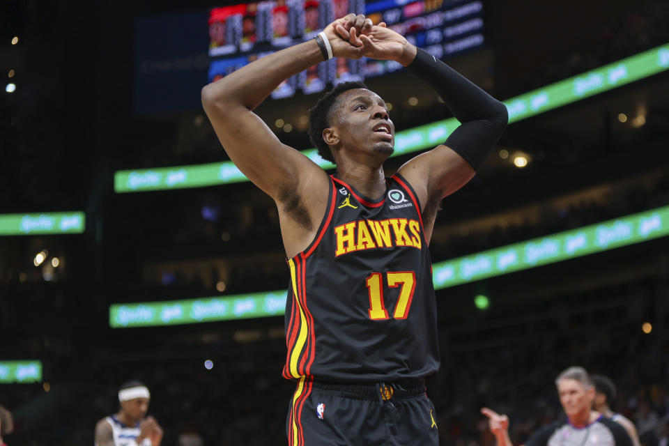 Atlanta Hawks forward Onyeka Okongwu (17) reacts to a call in the second half of an NBA basketball game against the Minnesota Timberwolves, Monday, March 13, 2023, in Atlanta. (AP Photo/Brett Davis)