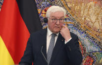 German President Frank-Walter Steinmeier speaks, during a joint news conference with North Macedonia's President Stevo Pendarovski at the presidential palace in Skopje, North Macedonia, Tuesday, Nov. 29, 2022. Steinmeier is on a two-day official visit to North Macedonia. (AP Photo/Boris Grdanoski)
