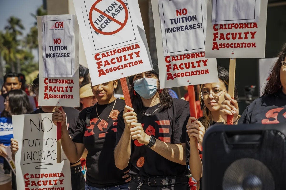 People attended a rally against tuition hikes, including students, instructors, and union members, at the California State University Chancellor’s office in Long Beach on July 11, 2023.