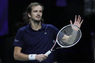 Russian Tennis Federation's Daniil Medvedev celebrates after beating Croatia's Marin Cilic to win the Davis Cup tennis final at the Madrid Arena in Madrid, Spain, Sunday, Dec. 5, 2021. (AP Photo/Bernat Armangue)