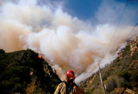 Un bombero combatiendo el incendio forestal Woolsey en Malibú, EEUU, nov 11, 2018. REUTERS/Eric Thayer