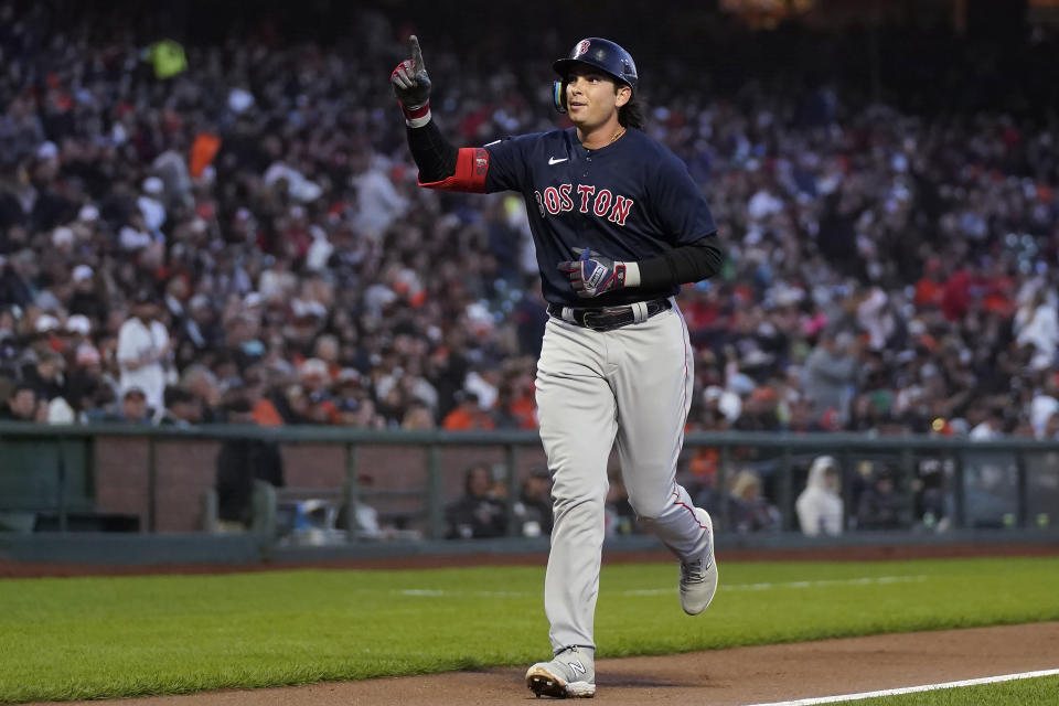 Boston Red Sox's Triston Casas gestures while approaching the plate after hitting a home run against the San Francisco Giants during the fifth inning of a baseball game in San Francisco, Friday, July 28, 2023. (AP Photo/Jeff Chiu)